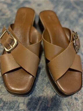 Christian Di Riccio Brown Leather Crisscross Slide Sandals with Buckle